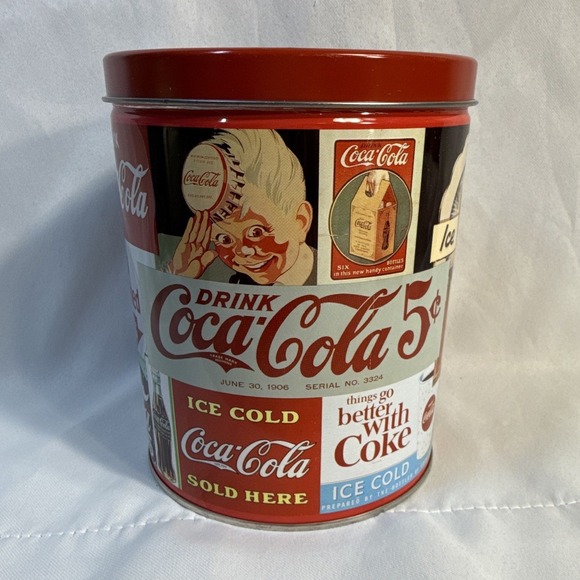 Coca-Cola Other - Coca-Cola Vintage Ads Collage Tin Canister w/ Lid, Red Multicolor Soda Repro